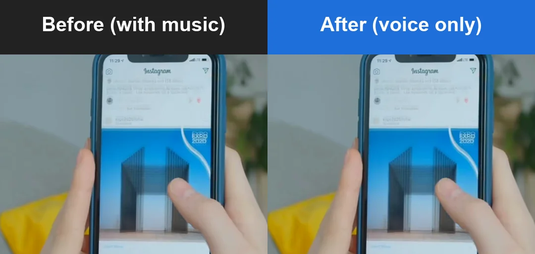 Left: with background music. Right: the same scene, voice only