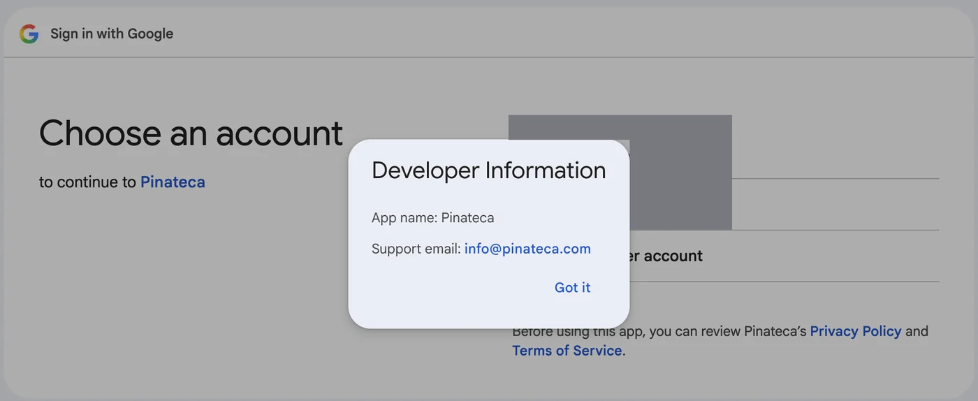 Developer Information on the Google sign-in screen