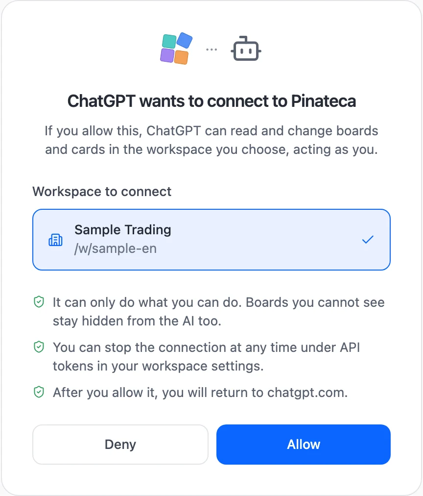 The Pinateca page that opens when an AI assistant connects